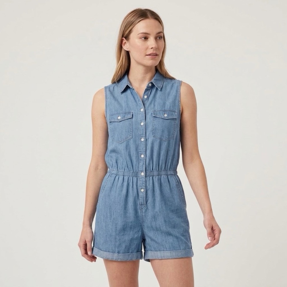 Pact Romper Womens L Blue Chambray Denim Organic Cotton Coastal Casual Vacation